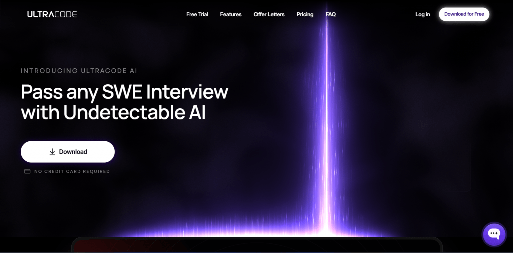 Web page landing screenshot for UltraCode featuring dark cosmic styling with a glowing purple light beam, headline reading "Pass any SWE Interview with Undetectable AI", and a white Download call-to-action button.