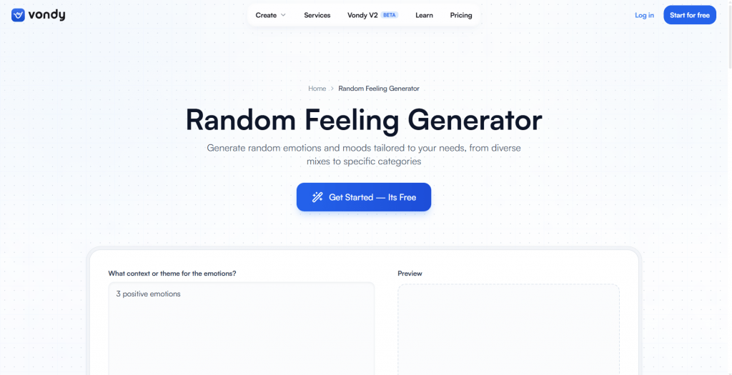Web page landing screenshot for Vondy's Random Feeling Generator featuring a light grid background, headline reading "Random Feeling Generator", a blue "Get Started — Its Free" button, and text input fields for specifying emotion contexts and viewing preview outputs.