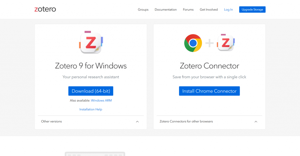 Web page download screenshot for Zotero featuring options to download Zotero 9 for Windows (64-bit) and install the Zotero Connector extension for Chrome.