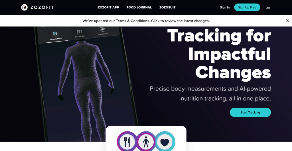 Landing page screenshot for ZOZOFIT set against a dark purple background, showing a smartphone mockup displaying a purple 3D body wireframe mesh alongside headline text "Tracking for Impactful Changes" and a "Start Tracking" button.