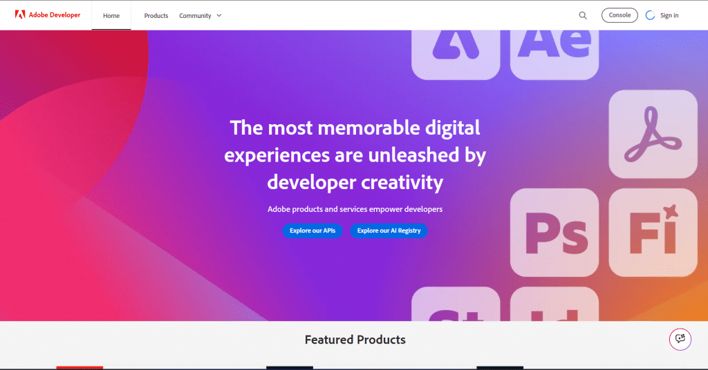 Vibrant hero section for Adobe Developer titled "The most memorable digital experiences are unleashed by developer creativity", featuring navigation links, call-to-action buttons, and floating app icon tiles.