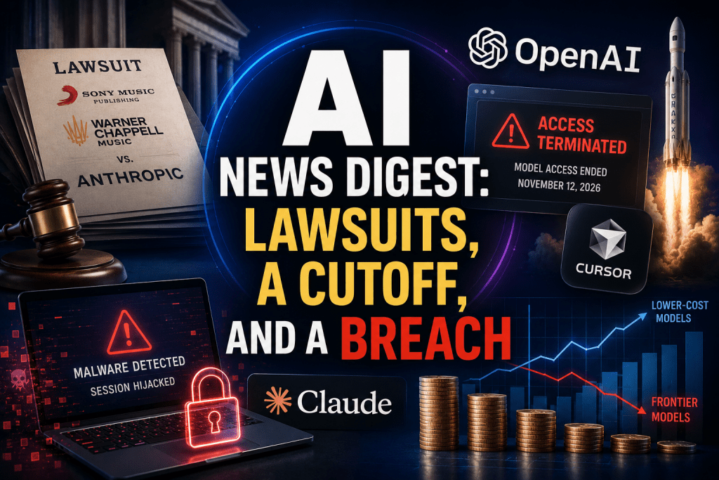 Article preview graphic titled "AI NEWS DIGEST: LAWSUITS, A CUTOFF, AND A BREACH", featuring visual elements representing legal disputes, cybersecurity alerts, market trends, and AI company logos.