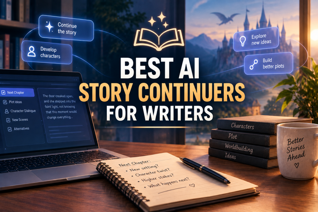 Conceptual graphic for "BEST AI STORY CONTINUERS FOR WRITERS", featuring a laptop displaying story-writing tools alongside floating feature cards, a handwritten notebook, stacked books, and a fantasy castle view through the window.