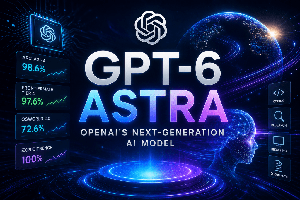 Article preview graphic titled "GPT-6 ASTRA: OPENAI'S NEXT-GENERATION AI MODEL", featuring benchmark score metrics, functional icons, and futuristic digital globe graphics over a dark blue background.