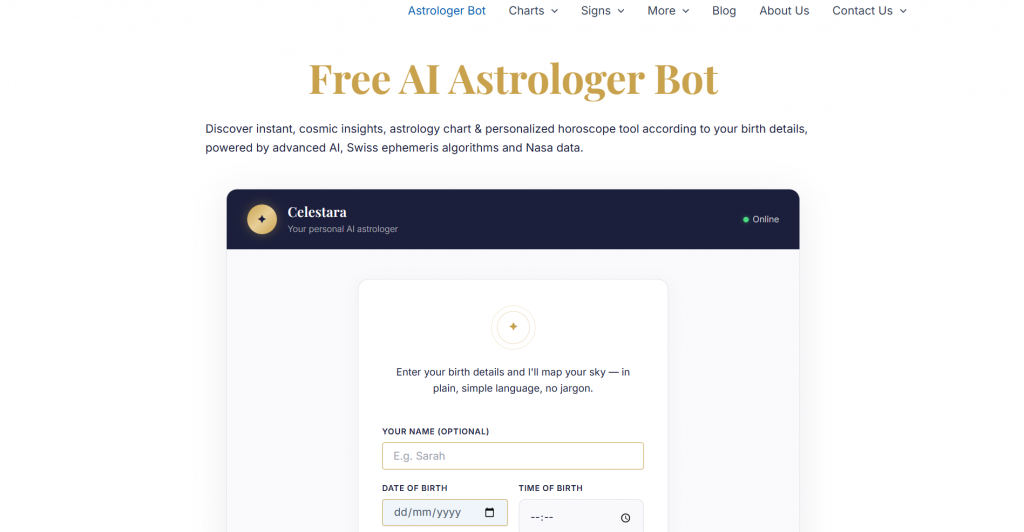 Web landing page for Celestara Free AI Astrologer Bot displaying a headline, subtext, and an embedded birth details form widget against a white background.