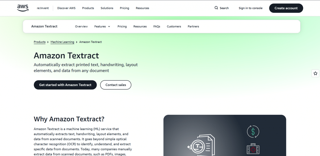Light product hero section for Amazon Textract titled "Amazon Textract", featuring top AWS navigation menus, service sub-navigation, call-to-action buttons, and an introductory feature section.