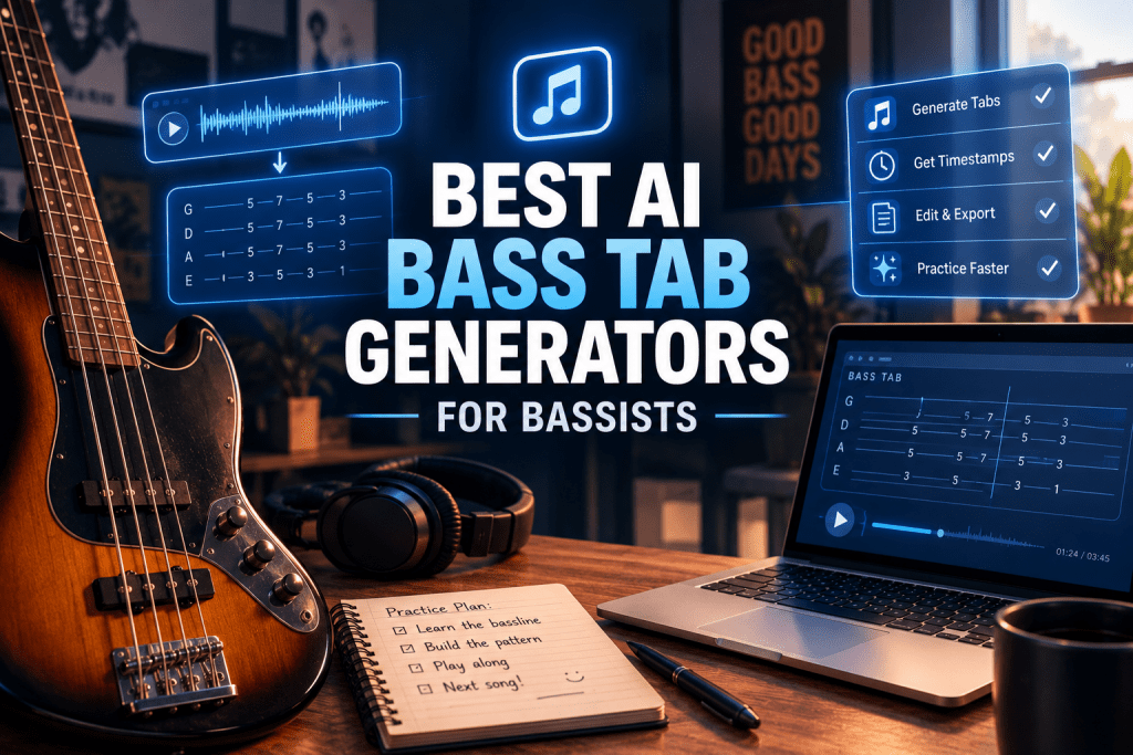 Image promotionnelle intitulée "BEST AI BASS TAB GENERATORS FOR BASSISTS", présentant une basse électrique, un ordinateur portable affichant une tablature, un carnet de notes et des cartes d'interface utilisateur en incrustation.