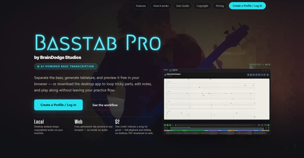 Dark hero section for BassTab Pro titled "BASSTAB PRO by BrainDodge Studios", featuring navigation pills, action buttons, a desktop tab editor preview, and a pricing overview.