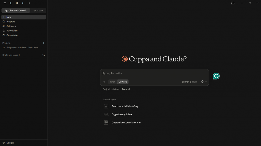 Web application interface for Claude titled "Cuppa and Claude?", featuring a collapsible sidebar navigation, prompt input field with mode toggles, and starter suggestion cards against a dark background.