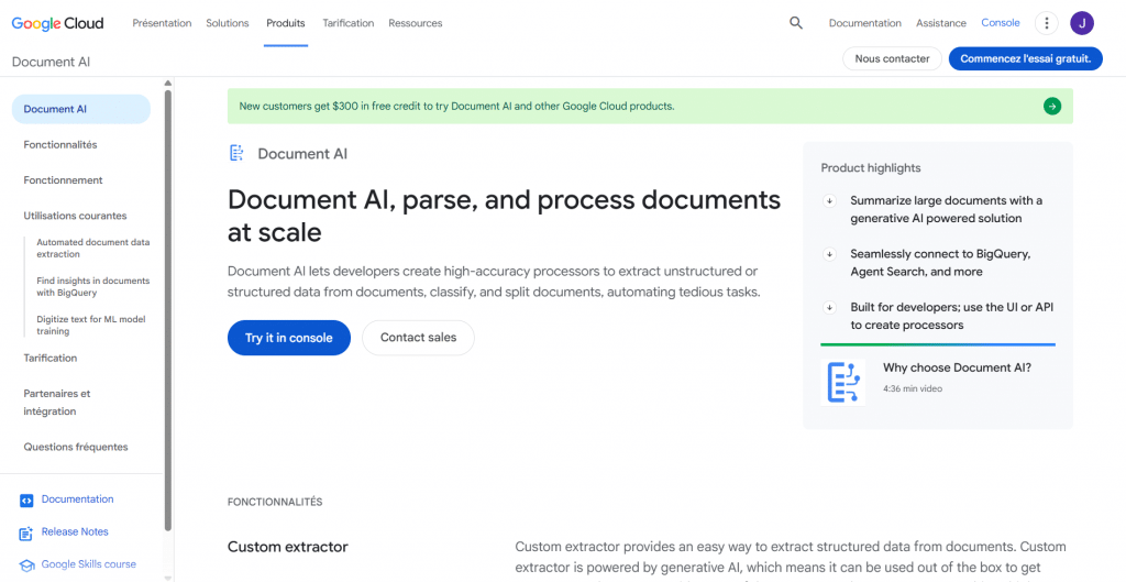Light product hero section for Google Cloud Document AI titled "Document AI, parse, and process documents at scale", featuring top navigation menus, a left sidebar, main action buttons, and a product highlights panel.