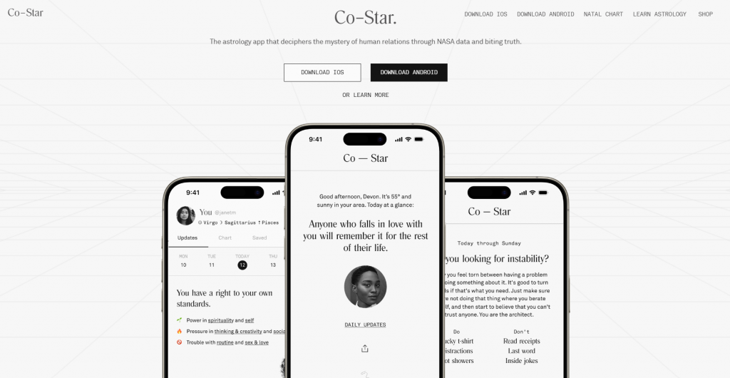 Web landing page hero section for Co-Star Astrology displaying app download buttons and mockups of three smartphone screens showing horoscope updates and relationship insights against a light grey background.