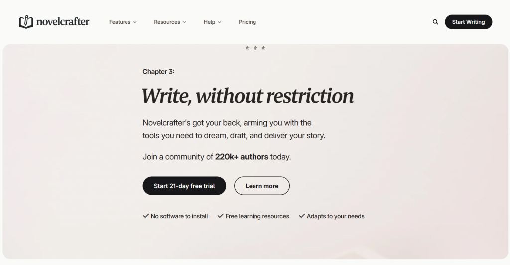 Web landing page hero section for Novelcrafter titled "Write, without restriction", featuring main navigation menus, call-to-action buttons, user social proof, and product benefit checkmarks.
