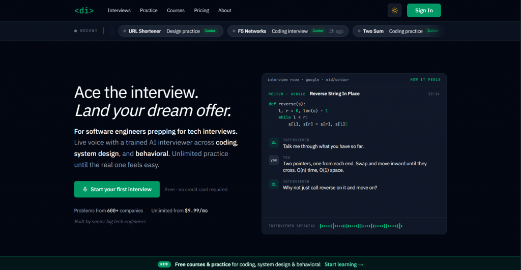 Web landing page hero section for an AI technical interview platform titled "Ace the interview. Land your dream offer.", featuring call-to-action buttons, recent practice pill tags, and a live coding interview widget mockup.