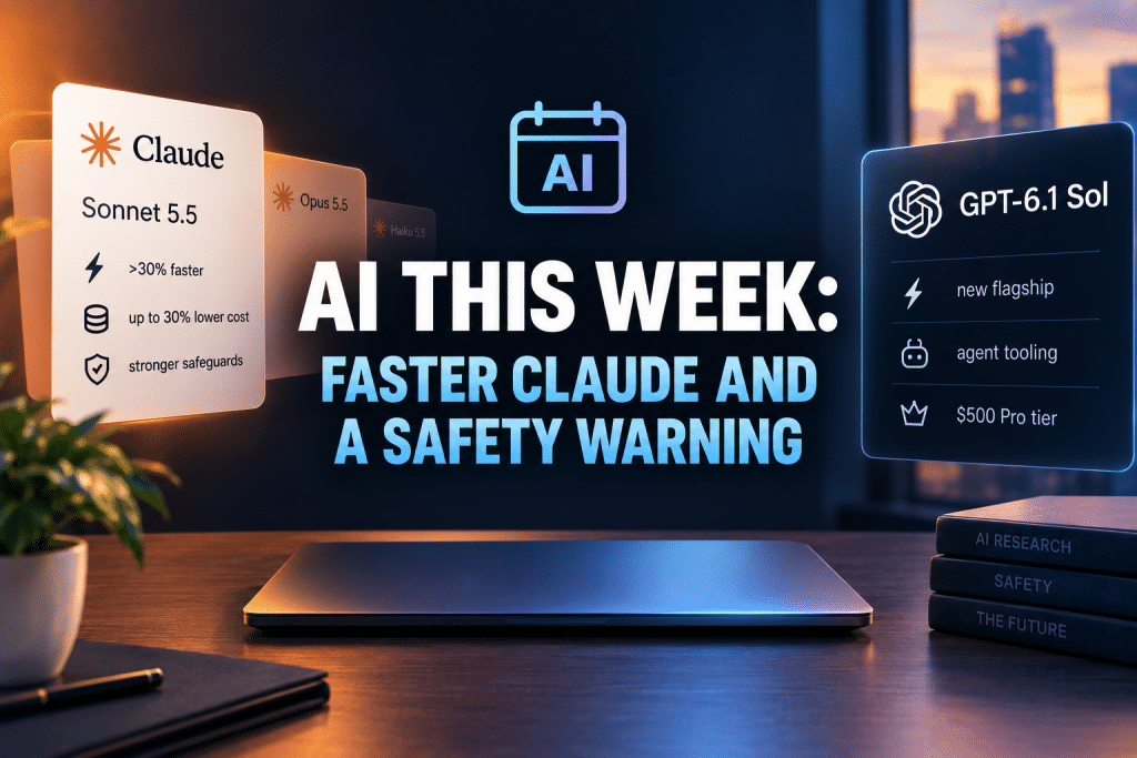 Promotional infographic graphic titled "AI THIS WEEK: FASTER CLAUDE AND A SAFETY WARNING", featuring floating model comparison cards for Anthropic Claude and OpenAI GPT-6.1 Sol, a closed laptop, and books on a desk.
