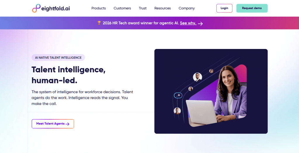 Web landing page hero section for Eightfold.ai titled "Talent intelligence, human-led.", featuring product copy, call-to-action buttons, and a graphic card showing a professional woman with laptop connected to candidate network nodes.