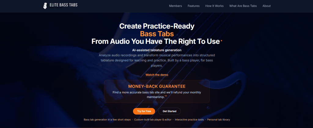 Dark hero section for Elite Bass Tabs titled "Create Practice-Ready Bass Tabs From Audio You Have The Right To Use*", featuring navigation links, a money-back guarantee box, and call-to-action buttons.
