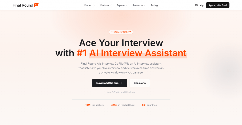 Web landing page hero section for Final Round AI titled "Ace Your Interview with #1 AI Interview Assistant", featuring action buttons, compatibility notes, and user metric statistics against a warm gradient background.