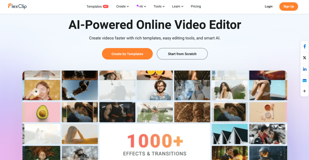 Section héros de la page d'accueil de FlexClip intitulée « AI-Powered Online Video Editor », avec des menus de navigation, des boutons d'action et une grille de modèles vidéo.