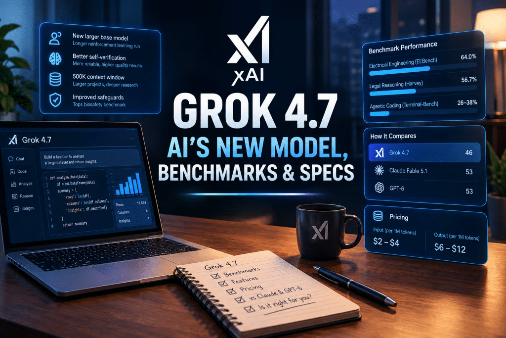 Promotional infographic for xAI's Grok 4.7 featuring central title text, floating technical specification HUD cards, a laptop displaying code, a notepad checklist, and an xAI coffee mug.