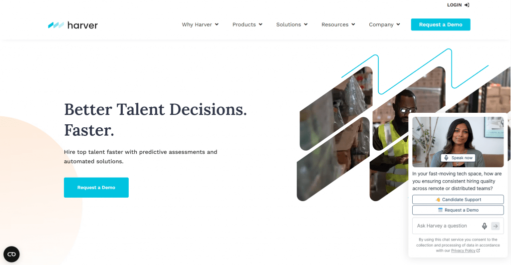 Web landing page hero section for Harver titled "Better Talent Decisions. Faster.", featuring call-to-action buttons, worker imagery in angular frames, and an interactive AI video chat widget.