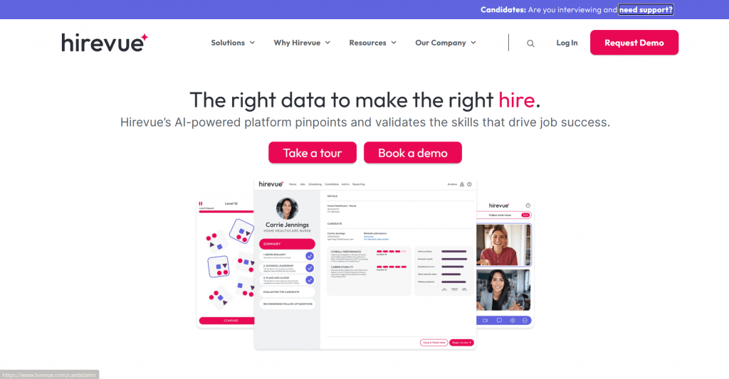 Web landing page hero section for Hirevue titled "The right data to make the right hire.", featuring primary call-to-action buttons and layered product interface mockups.