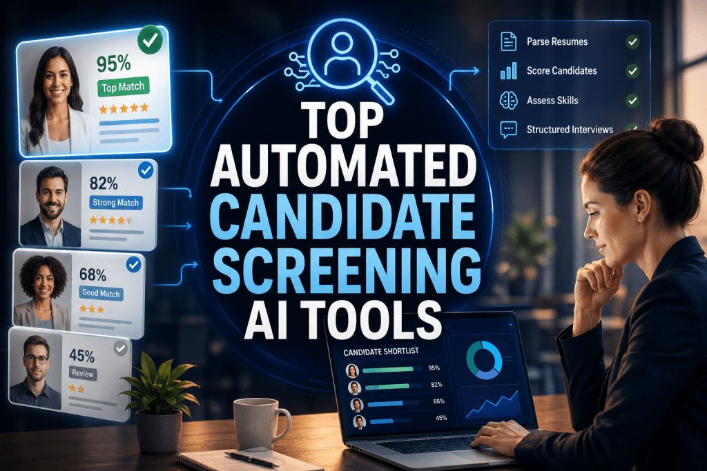 Article preview graphic titled "TOP AUTOMATED CANDIDATE SCREENING AI TOOLS", featuring candidate scoring cards, feature checklists, and a recruiter working on a laptop with analytics dashboards.