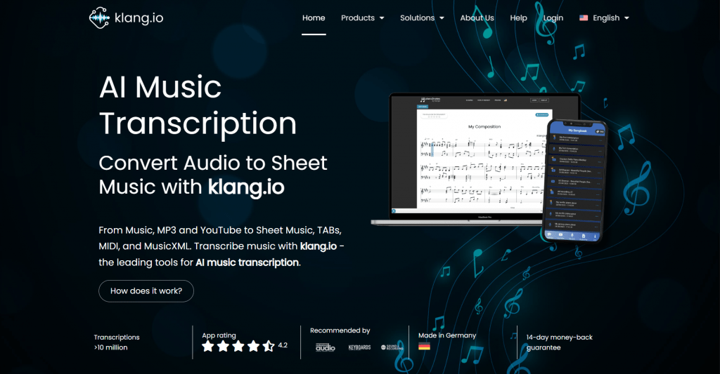 Dark hero section for klang.io titled "AI Music Transcription", featuring navigation links, action buttons, multi-device app previews, and trust badges.