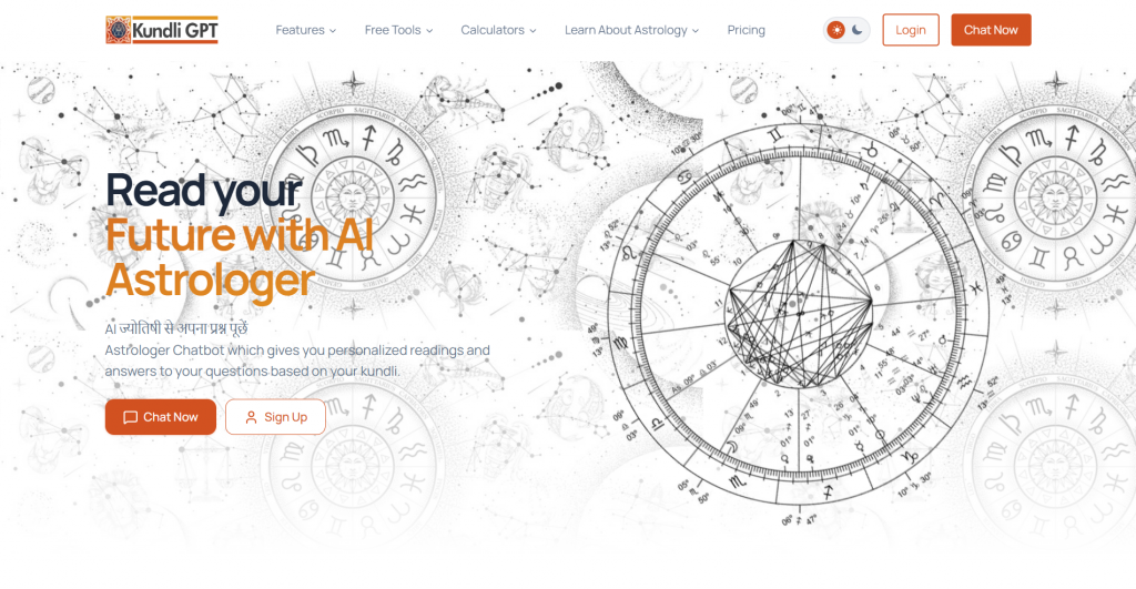 Web landing page hero section for Kundli GPT titled "Read your Future with AI Astrologer", featuring text in English and Hindi, call-to-action buttons, and detailed astrological birth chart graphics over a celestial background.