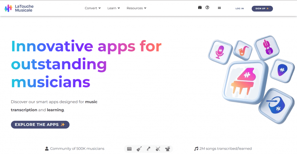 Landing page hero section for LaTouche Musicale titled "Innovative apps for outstanding musicians", featuring navigation links, action buttons, and floating 3D musical instrument icons.