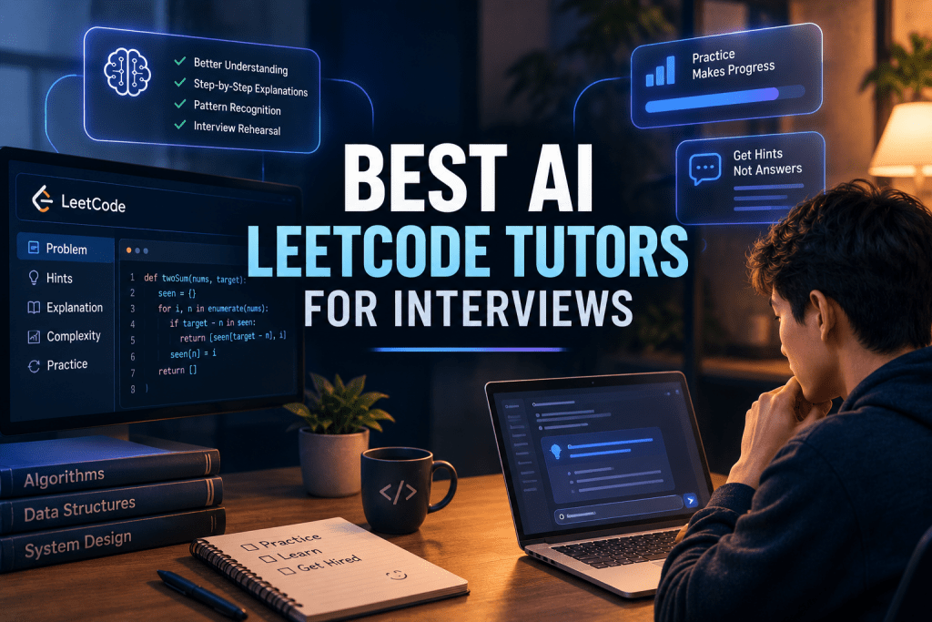 Conceptual graphic for "BEST AI LEETCODE TUTORS FOR INTERVIEWS", featuring a developer working at a laptop next to LeetCode editor mockups and floating feature benefit cards.