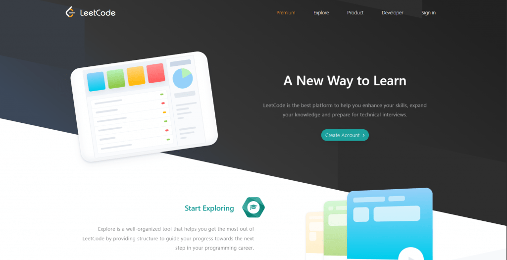 Web landing page hero section for LeetCode titled "A New Way to Learn", featuring main navigation links, action buttons, and graphic UI dashboard mockups.