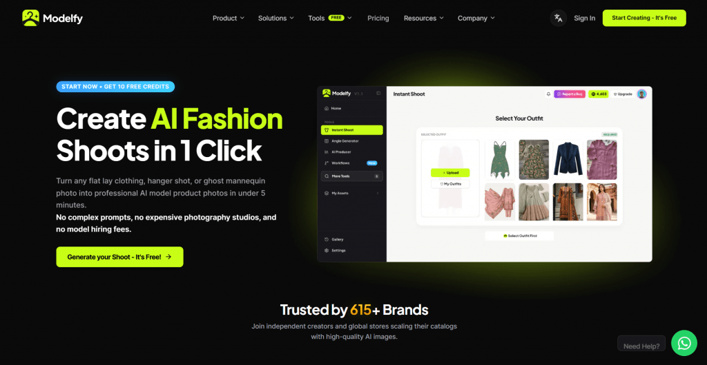 Web landing page hero section for Modelfy titled "Create AI Fashion Shoots in 1 Click", featuring navigation links, action buttons, credit badges, social proof, and a light-themed app interface preview card.