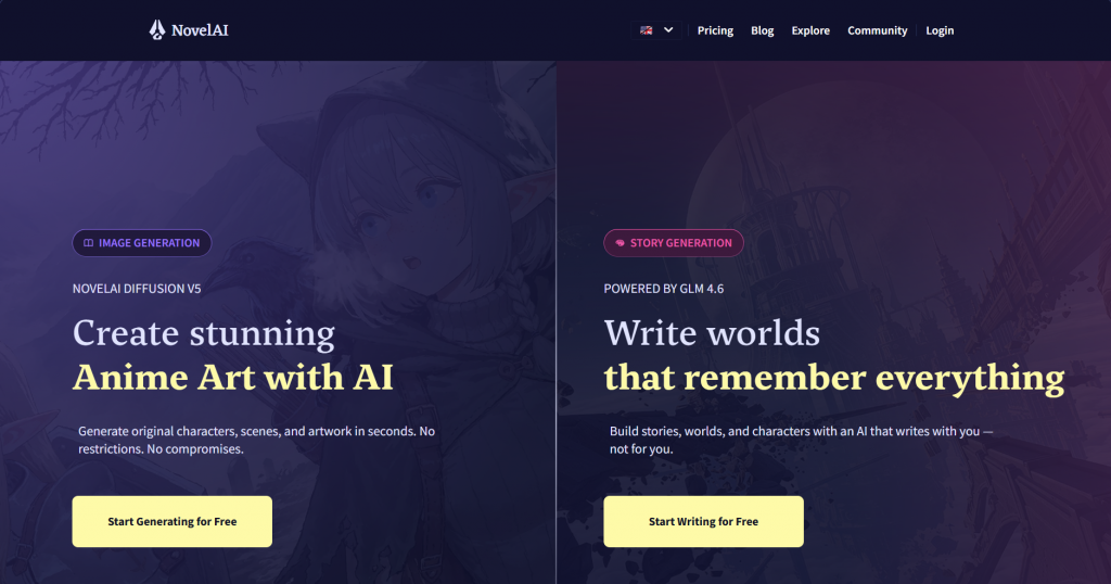 Web landing page hero section for NovelAI titled "Create stunning Anime Art with AI" and "Write worlds that remember everything", featuring action buttons, product badges, and split visual hero cards against a dark anime-style backdrop.
