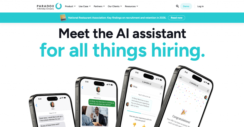 Web landing page hero section for Paradox titled "Meet the AI assistant for all things hiring.", featuring promotional banner links and smartphones displaying conversational recruiting workflows.