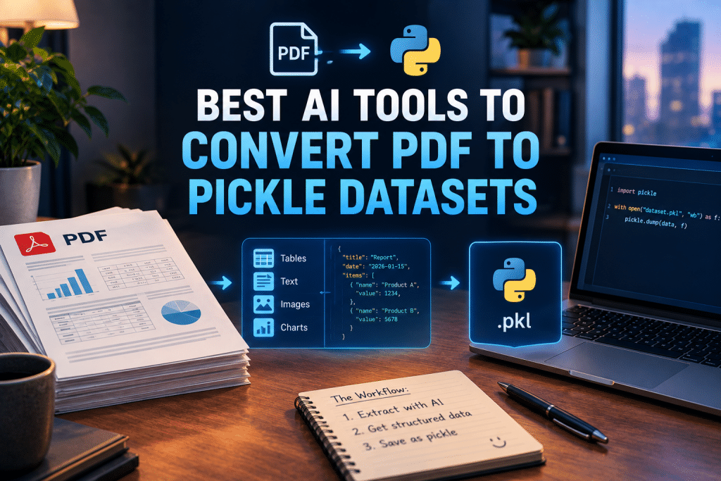 Promotional infographic graphic titled "BEST AI TOOLS TO CONVERT PDF TO PICKLE DATASETS", featuring PDF document parsing diagrams, Python code snippets, a workflow notepad, and office desk accessories.