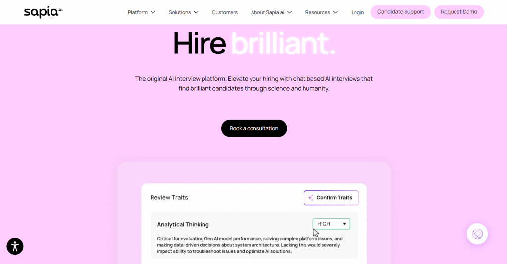 Web landing page hero section for Sapia.ai titled "Hire brilliant.", featuring product copy, call-to-action buttons, and an interactive candidate trait review interface widget.