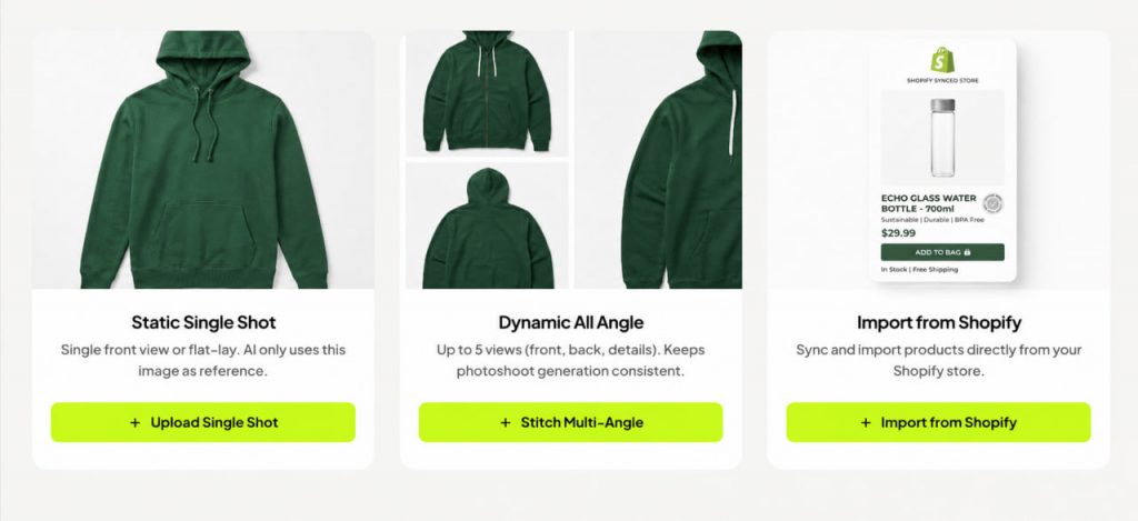 Trois cartes d'options d'importation de produits sur la plateforme Modelfy, présentant la prise de vue unique ("Static Single Shot"), la prise de vue sous plusieurs angles ("Dynamic All Angle"), et l'importation directe Shopify ("Import from Shopify").