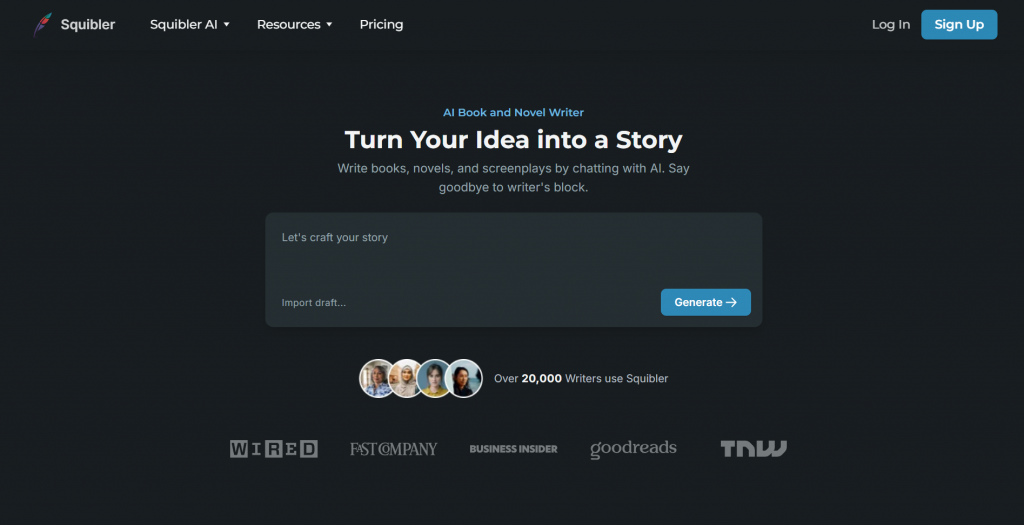 Web landing page hero section for Squibler titled "Turn Your Idea into a Story", featuring action buttons, an interactive prompt box, user social proof, and publication logos.