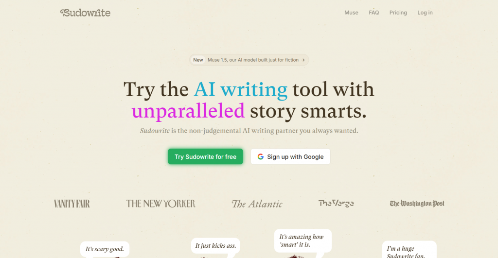Web landing page hero section for Sudowrite titled "Try the AI writing tool with unparalleled story smarts.", featuring action buttons, model update announcements, press publication logos, and user review speech bubbles.