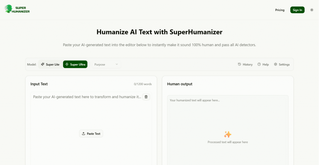 Web interface for SuperHumanizer featuring a text editor for transforming AI-generated text into human-like writing, with dual input and output panels.