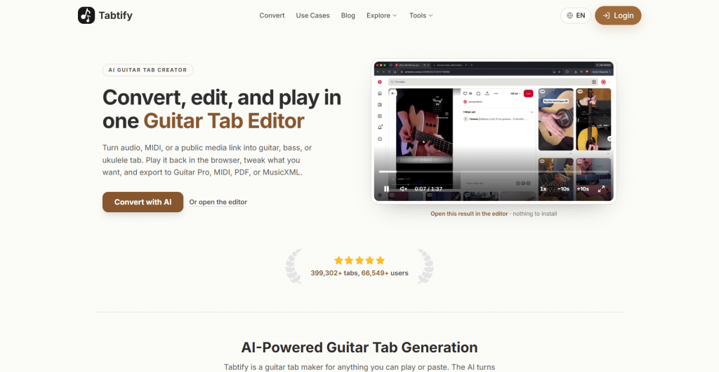 Light hero section for Tabtify titled "Convert, edit, and play in one Guitar Tab Editor", featuring navigation menus, a primary action button, an embedded video player demo, and user metrics.