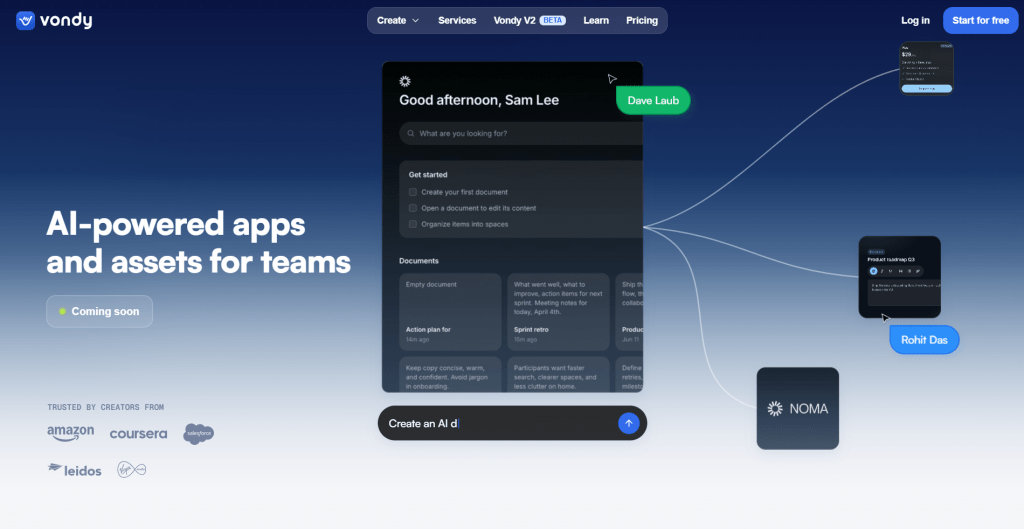 Dark hero section for Vondy titled "AI-powered apps and assets for teams", featuring navigation dropdowns, a central collaborative interface preview, and corporate customer logos.