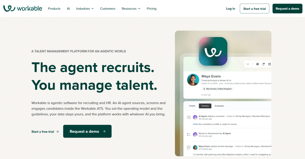 Web landing page hero section for Workable titled "The agent recruits. You manage talent.", featuring product copy, call-to-action buttons, and an ATS candidate timeline UI mockup.