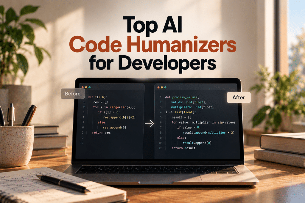 Promotional infographic graphic titled "Top AI Code Humanizers for Developers", featuring a laptop displaying a "Before" Python code snippet and an "After" humanized code snippet with an arrow indicator.