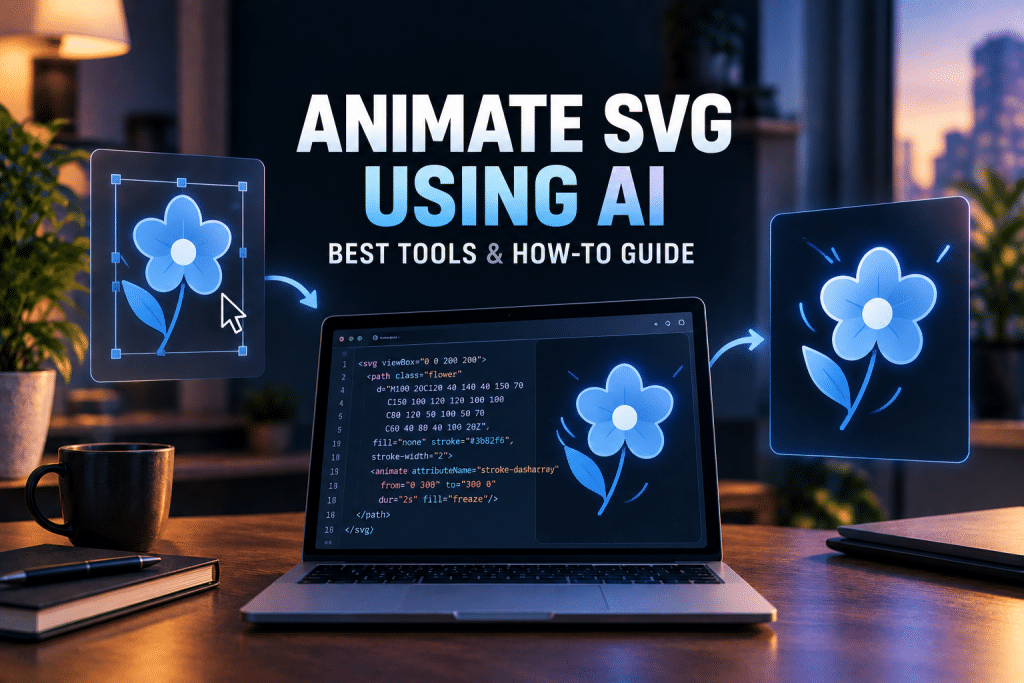 Promotional infographic graphic titled "ANIMATE SVG USING AI", featuring a laptop displaying SVG code next to a blue flower, with input vector graphics and animated glowing output panels.