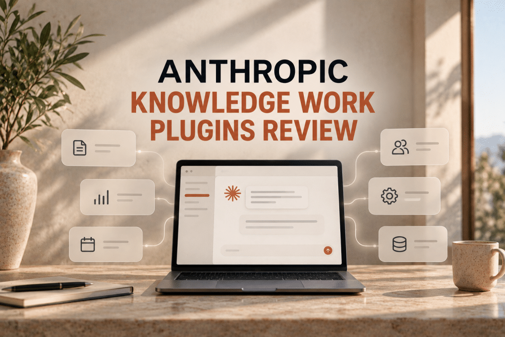 Promotional infographic graphic titled "ANTHROPIC KNOWLEDGE WORK PLUGINS REVIEW", featuring a laptop displaying the Claude interface connected to surrounding plugin icons representing documents, analytics, calendar, team, settings, and database integrations.