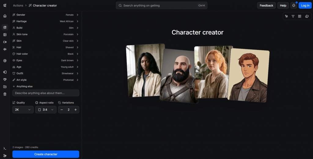 Dark-mode web application workspace for getimg.ai titled "Character creator", featuring a detailed left attribute sidebar for gender, heritage, build, outfit, and art style, alongside a canvas displaying generated character portraits.