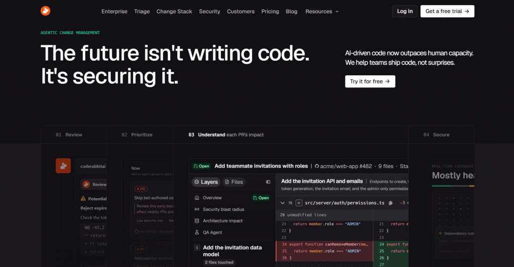 Dark hero section for an agentic change management platform titled "The future isn't writing code. It's securing it.", featuring top navigation links, security value proposition copy, and a four-step workflow interface preview highlighting PR impact analysis.
