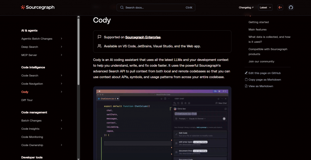 Dark documentation page for Sourcegraph Cody titled "Cody", featuring a left sidebar navigation, top search bar, platform availability callouts, and an embedded VS Code editor preview window.