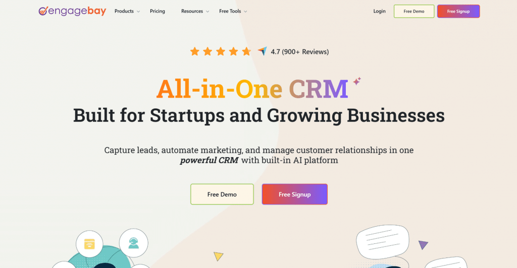 Light hero section for Engagebay titled "All-in-One CRM Built for Startups and Growing Businesses", featuring top navigation controls, star ratings, call-to-action buttons for Free Demo and Free Signup, and illustrated workflow graphics.